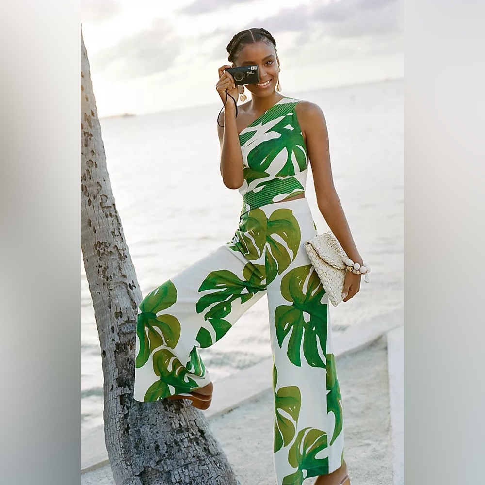 FARM Rio Monstera Jumpsuit Green and White Wide Leg Pants S